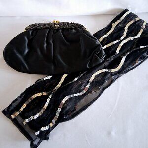 Lot of 2 Item Elegant Black Fabric Clutch Bag And Sequined Scarf